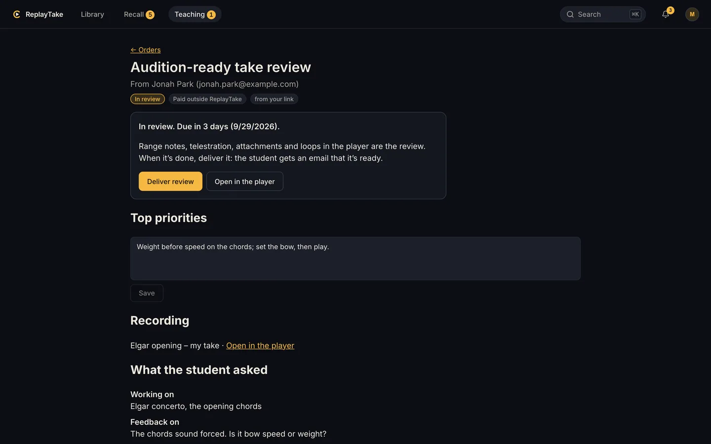 A review order in progress: the student’s questions, the take, and the teacher’s priorities