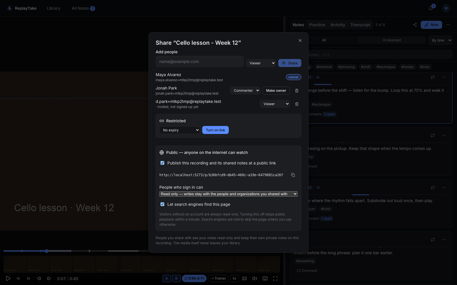 Screenshot 2: the share dialog with roles